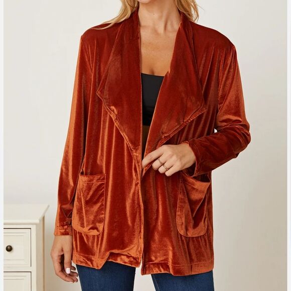 Amazon brand rust colored open front velour cardigan jacket, M - Picture 5 of 8